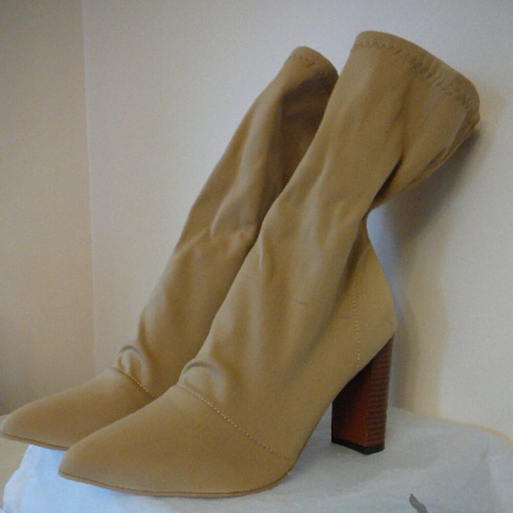 Tan Fabric Slip On Mid-Calf 3.75" Chunky Heeled Boots-US 10.5, Size 41-Read Desc